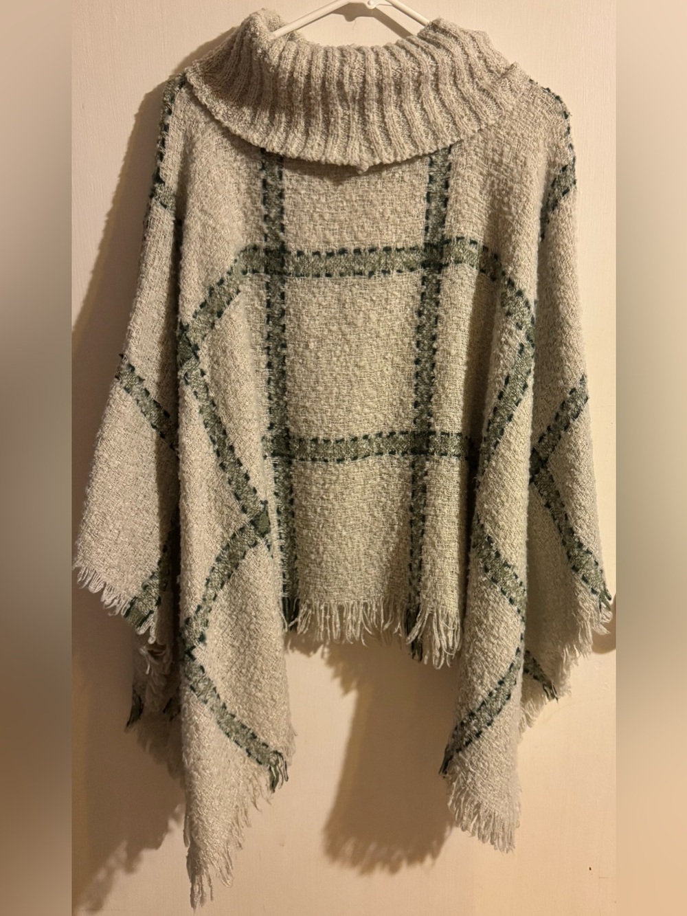 Cost Plus World Market Cream Poncho with Green Plaid